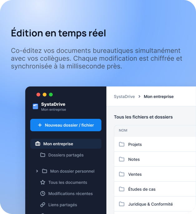 Édition en temps réel. Co-éditez vos documents bureautiques simultanément avec vos collègues. Chaque modification est chiffrée et synchronisée à la milliseconde près.